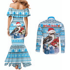 Australia Christmas In July Couples Matching Mermaid Dress and Long Sleeve Button Shirt Kookaburra Santa Blue Color