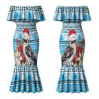 Australia Christmas In July Couples Matching Mermaid Dress and Long Sleeve Button Shirt Kookaburra Santa Blue Color LT22