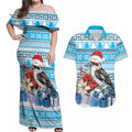 Australia Christmas In July Couples Matching Off Shoulder Maxi Dress and Hawaiian Shirt Kookaburra Santa Blue Color