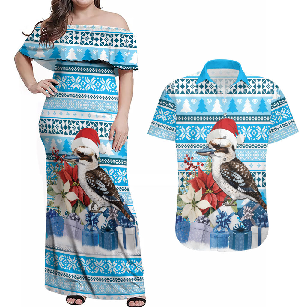 Australia Christmas In July Couples Matching Off Shoulder Maxi Dress and Hawaiian Shirt Kookaburra Santa Blue Color