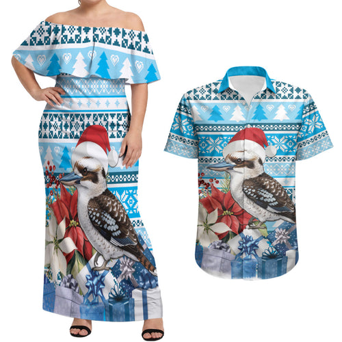 Australia Christmas In July Couples Matching Off Shoulder Maxi Dress and Hawaiian Shirt Kookaburra Santa Blue Color