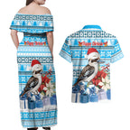 Australia Christmas In July Couples Matching Off Shoulder Maxi Dress and Hawaiian Shirt Kookaburra Santa Blue Color