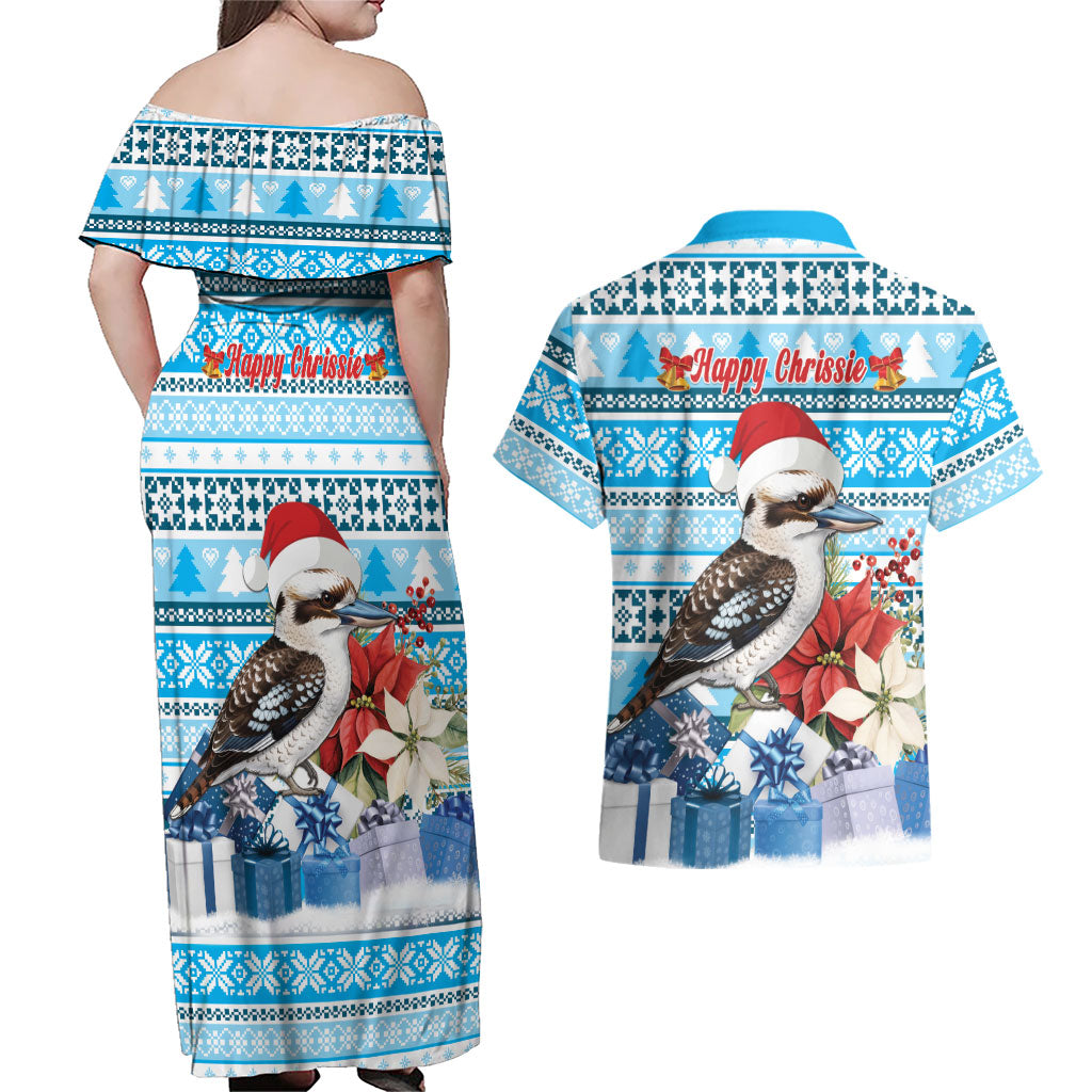 Australia Christmas In July Couples Matching Off Shoulder Maxi Dress and Hawaiian Shirt Kookaburra Santa Blue Color