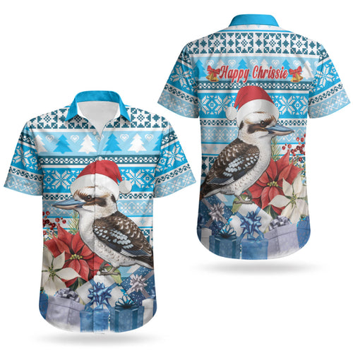 Australia Christmas In July Couples Matching Off Shoulder Maxi Dress and Hawaiian Shirt Kookaburra Santa Blue Color