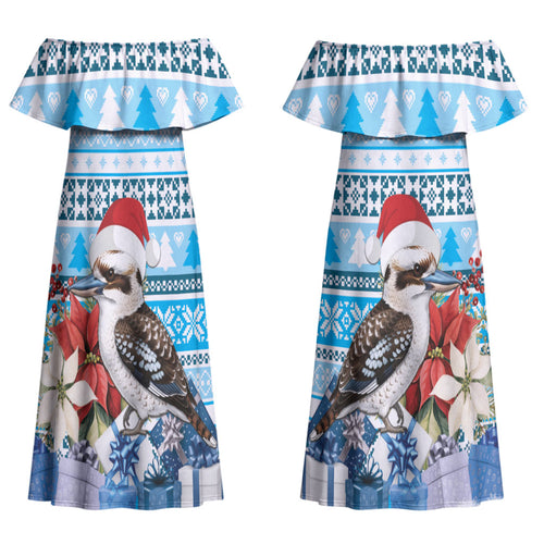 Australia Christmas In July Couples Matching Off Shoulder Maxi Dress and Hawaiian Shirt Kookaburra Santa Blue Color LT22
