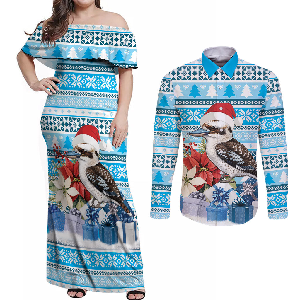 Australia Christmas In July Couples Matching Off Shoulder Maxi Dress and Long Sleeve Button Shirt Kookaburra Santa Blue Color