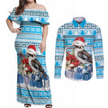 Australia Christmas In July Couples Matching Off Shoulder Maxi Dress and Long Sleeve Button Shirt Kookaburra Santa Blue Color