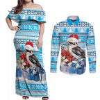 Australia Christmas In July Couples Matching Off Shoulder Maxi Dress and Long Sleeve Button Shirt Kookaburra Santa Blue Color