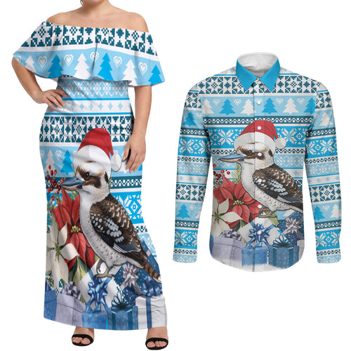 Australia Christmas In July Couples Matching Off Shoulder Maxi Dress and Long Sleeve Button Shirt Kookaburra Santa Blue Color