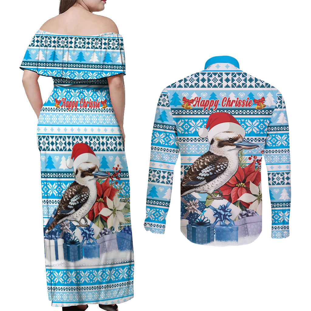 Australia Christmas In July Couples Matching Off Shoulder Maxi Dress and Long Sleeve Button Shirt Kookaburra Santa Blue Color