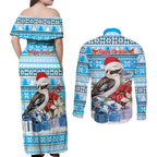 Australia Christmas In July Couples Matching Off Shoulder Maxi Dress and Long Sleeve Button Shirt Kookaburra Santa Blue Color