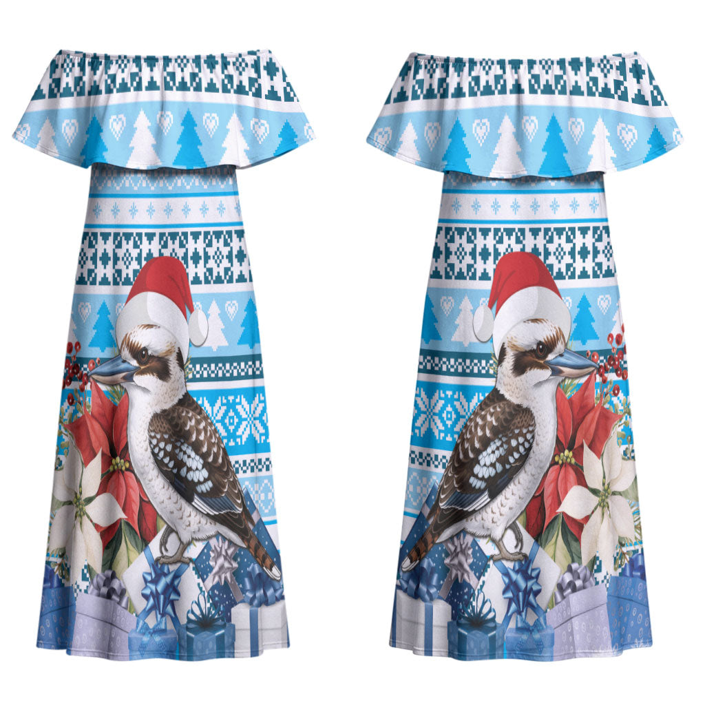 Australia Christmas In July Couples Matching Off Shoulder Maxi Dress and Long Sleeve Button Shirt Kookaburra Santa Blue Color LT22