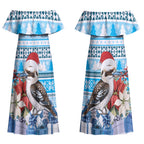 Australia Christmas In July Couples Matching Off Shoulder Maxi Dress and Long Sleeve Button Shirt Kookaburra Santa Blue Color LT22