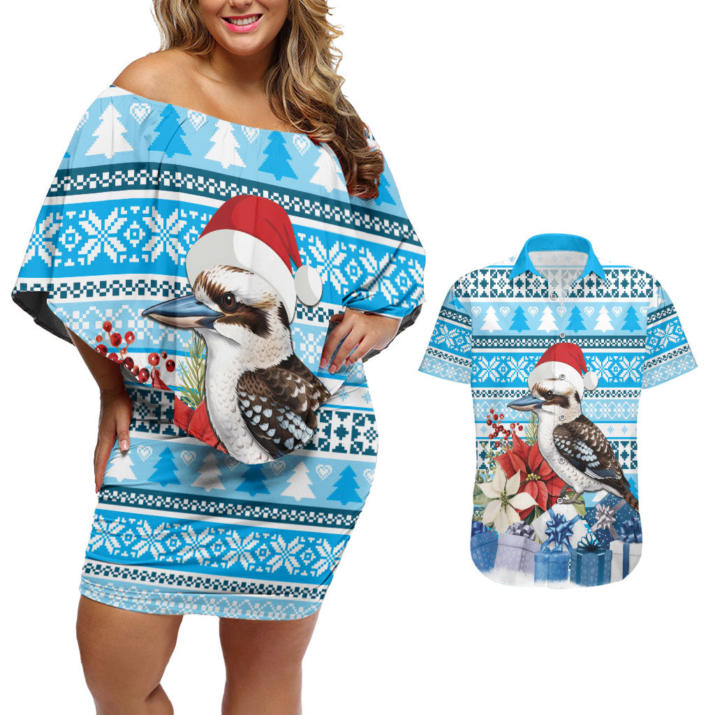 Australia Christmas In July Couples Matching Off Shoulder Short Dress and Hawaiian Shirt Kookaburra Santa Blue Color