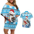 Australia Christmas In July Couples Matching Off Shoulder Short Dress and Hawaiian Shirt Kookaburra Santa Blue Color