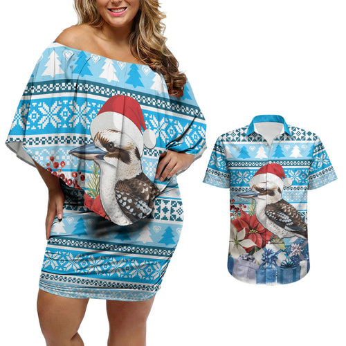 Australia Christmas In July Couples Matching Off Shoulder Short Dress and Hawaiian Shirt Kookaburra Santa Blue Color