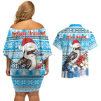 Australia Christmas In July Couples Matching Off Shoulder Short Dress and Hawaiian Shirt Kookaburra Santa Blue Color