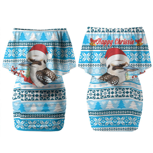 Australia Christmas In July Couples Matching Off Shoulder Short Dress and Hawaiian Shirt Kookaburra Santa Blue Color