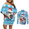 Australia Christmas In July Couples Matching Off Shoulder Short Dress and Long Sleeve Button Shirt Kookaburra Santa Blue Color