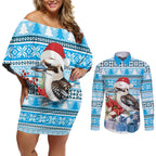 Australia Christmas In July Couples Matching Off Shoulder Short Dress and Long Sleeve Button Shirt Kookaburra Santa Blue Color