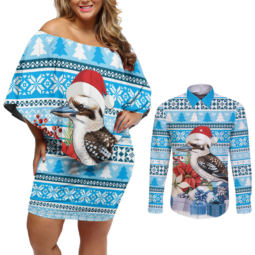 Australia Christmas In July Couples Matching Off Shoulder Short Dress and Long Sleeve Button Shirt Kookaburra Santa Blue Color