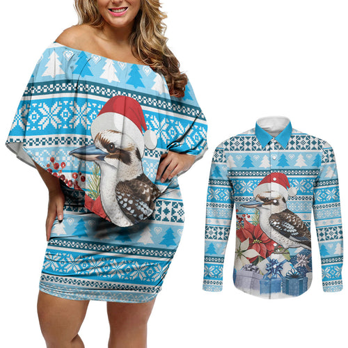 Australia Christmas In July Couples Matching Off Shoulder Short Dress and Long Sleeve Button Shirt Kookaburra Santa Blue Color