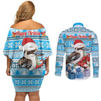 Australia Christmas In July Couples Matching Off Shoulder Short Dress and Long Sleeve Button Shirt Kookaburra Santa Blue Color