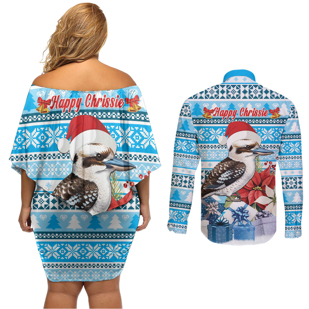 Australia Christmas In July Couples Matching Off Shoulder Short Dress and Long Sleeve Button Shirt Kookaburra Santa Blue Color