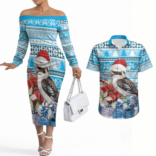 Australia Christmas In July Couples Matching Off The Shoulder Long Sleeve Dress and Hawaiian Shirt Kookaburra Santa Blue Color