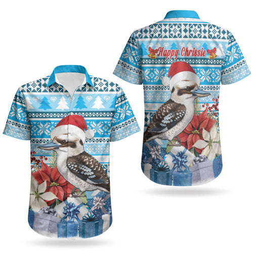 Australia Christmas In July Couples Matching Off The Shoulder Long Sleeve Dress and Hawaiian Shirt Kookaburra Santa Blue Color