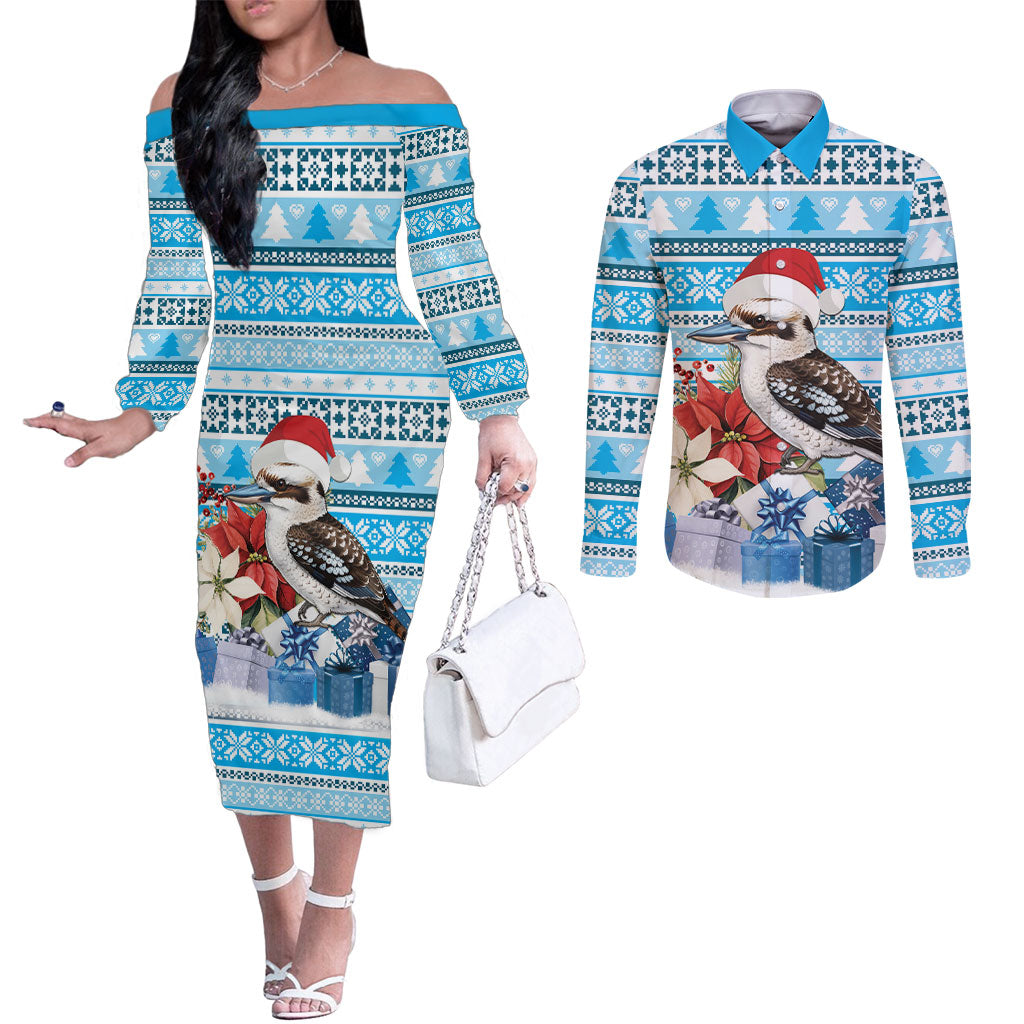 Australia Christmas In July Couples Matching Off The Shoulder Long Sleeve Dress and Long Sleeve Button Shirt Kookaburra Santa Blue Color