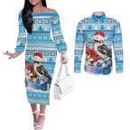 Australia Christmas In July Couples Matching Off The Shoulder Long Sleeve Dress and Long Sleeve Button Shirt Kookaburra Santa Blue Color