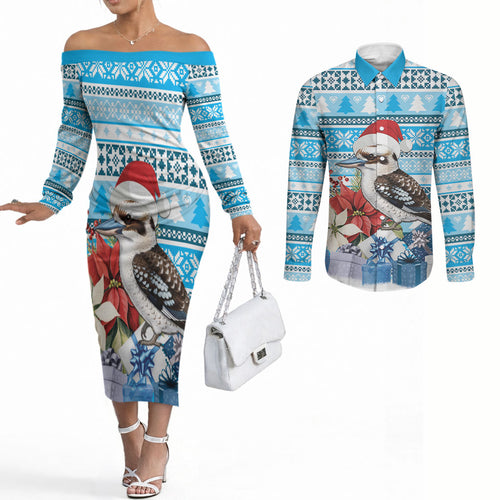 Australia Christmas In July Couples Matching Off The Shoulder Long Sleeve Dress and Long Sleeve Button Shirt Kookaburra Santa Blue Color