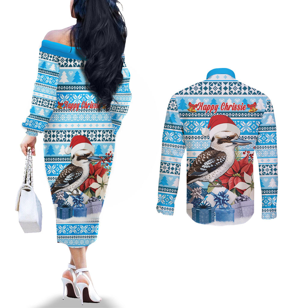 Australia Christmas In July Couples Matching Off The Shoulder Long Sleeve Dress and Long Sleeve Button Shirt Kookaburra Santa Blue Color