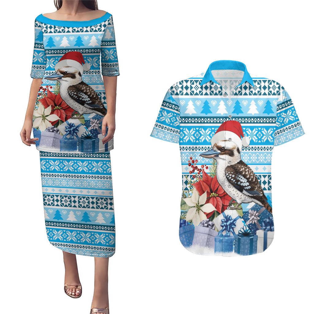 Australia Christmas In July Couples Matching Puletasi and Hawaiian Shirt Kookaburra Santa Blue Color