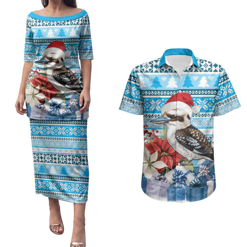 Australia Christmas In July Couples Matching Puletasi and Hawaiian Shirt Kookaburra Santa Blue Color