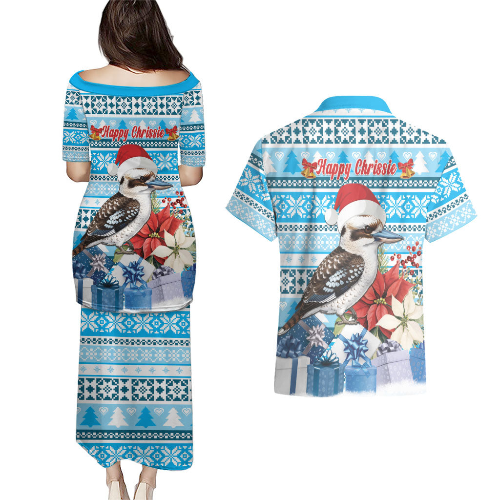 Australia Christmas In July Couples Matching Puletasi and Hawaiian Shirt Kookaburra Santa Blue Color