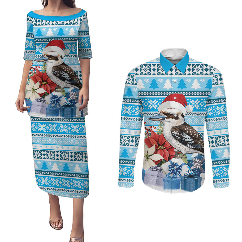 Australia Christmas In July Couples Matching Puletasi and Long Sleeve Button Shirt Kookaburra Santa Blue Color