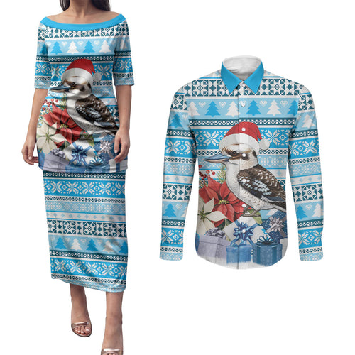 Australia Christmas In July Couples Matching Puletasi and Long Sleeve Button Shirt Kookaburra Santa Blue Color