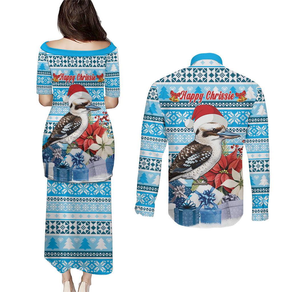 Australia Christmas In July Couples Matching Puletasi and Long Sleeve Button Shirt Kookaburra Santa Blue Color