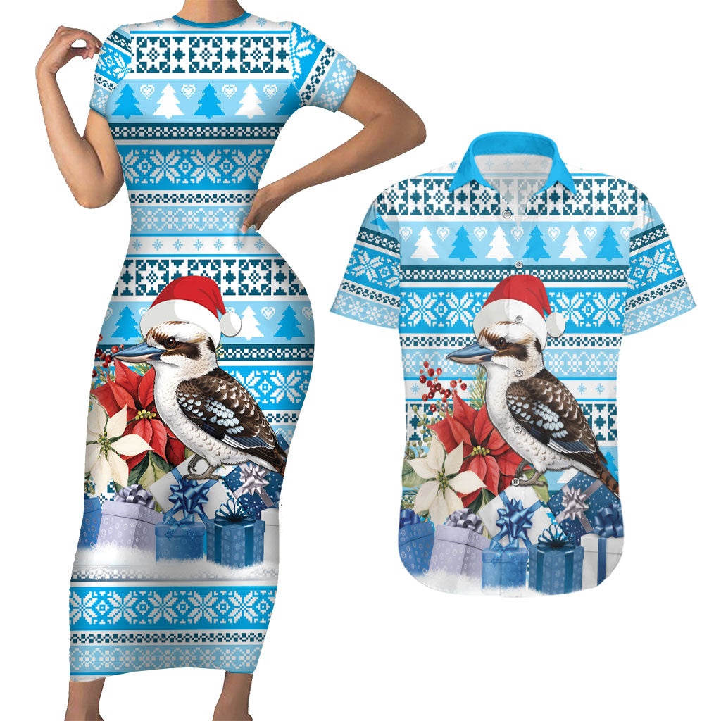 Australia Christmas In July Couples Matching Short Sleeve Bodycon Dress and Hawaiian Shirt Kookaburra Santa Blue Color