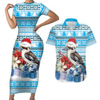 Australia Christmas In July Couples Matching Short Sleeve Bodycon Dress and Hawaiian Shirt Kookaburra Santa Blue Color