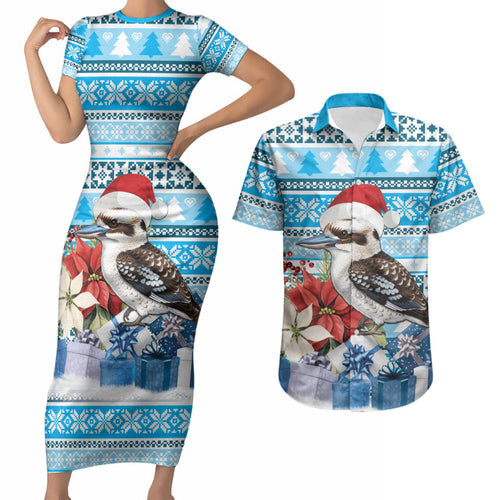 Australia Christmas In July Couples Matching Short Sleeve Bodycon Dress and Hawaiian Shirt Kookaburra Santa Blue Color