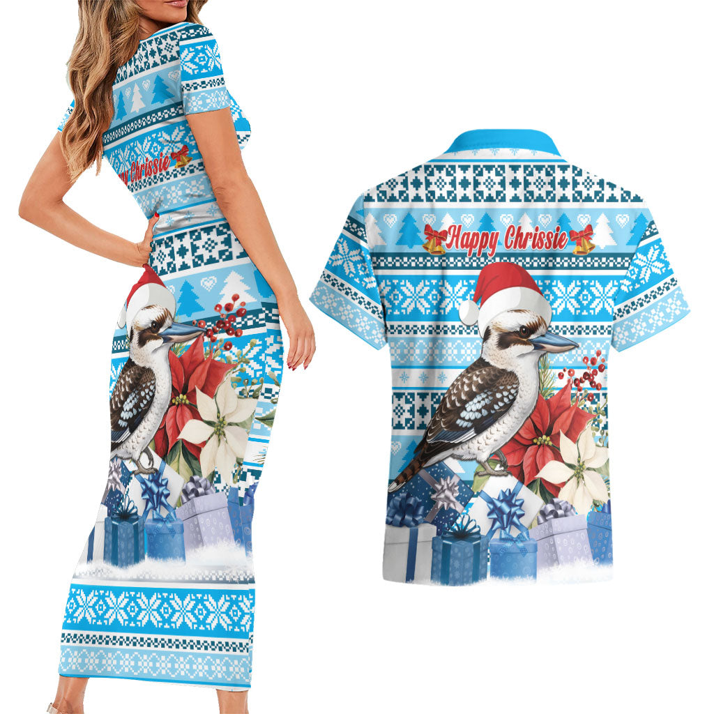 Australia Christmas In July Couples Matching Short Sleeve Bodycon Dress and Hawaiian Shirt Kookaburra Santa Blue Color