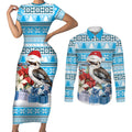 Australia Christmas In July Couples Matching Short Sleeve Bodycon Dress and Long Sleeve Button Shirt Kookaburra Santa Blue Color