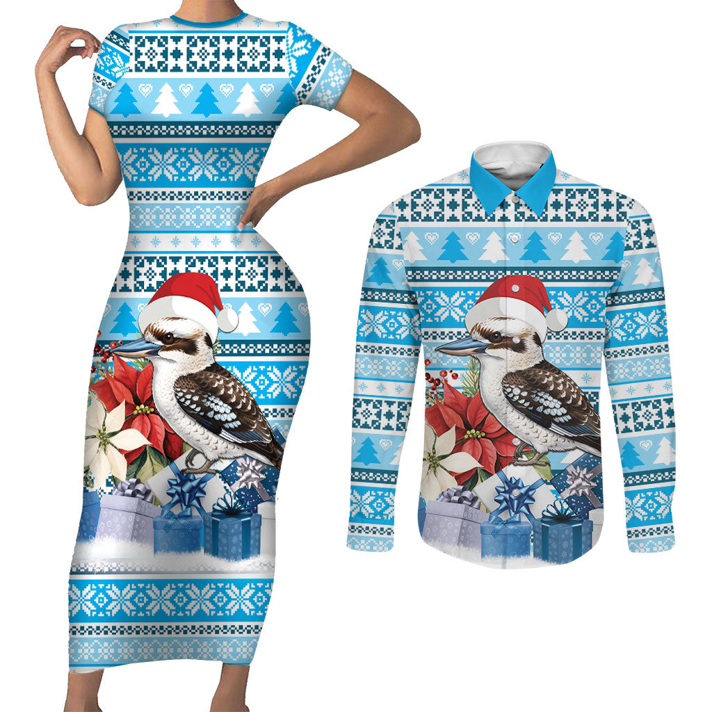 Australia Christmas In July Couples Matching Short Sleeve Bodycon Dress and Long Sleeve Button Shirt Kookaburra Santa Blue Color