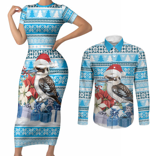 Australia Christmas In July Couples Matching Short Sleeve Bodycon Dress and Long Sleeve Button Shirt Kookaburra Santa Blue Color