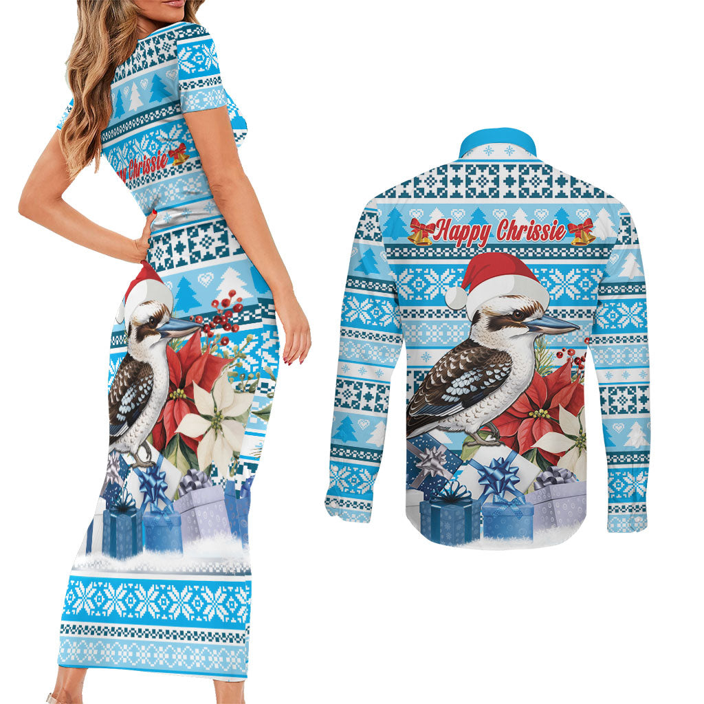 Australia Christmas In July Couples Matching Short Sleeve Bodycon Dress and Long Sleeve Button Shirt Kookaburra Santa Blue Color