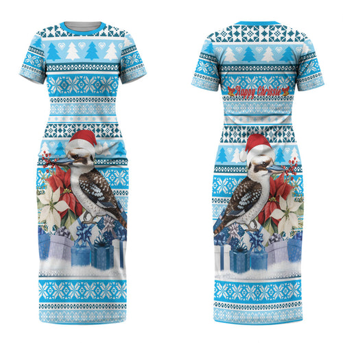 Australia Christmas In July Couples Matching Short Sleeve Bodycon Dress and Long Sleeve Button Shirt Kookaburra Santa Blue Color LT22