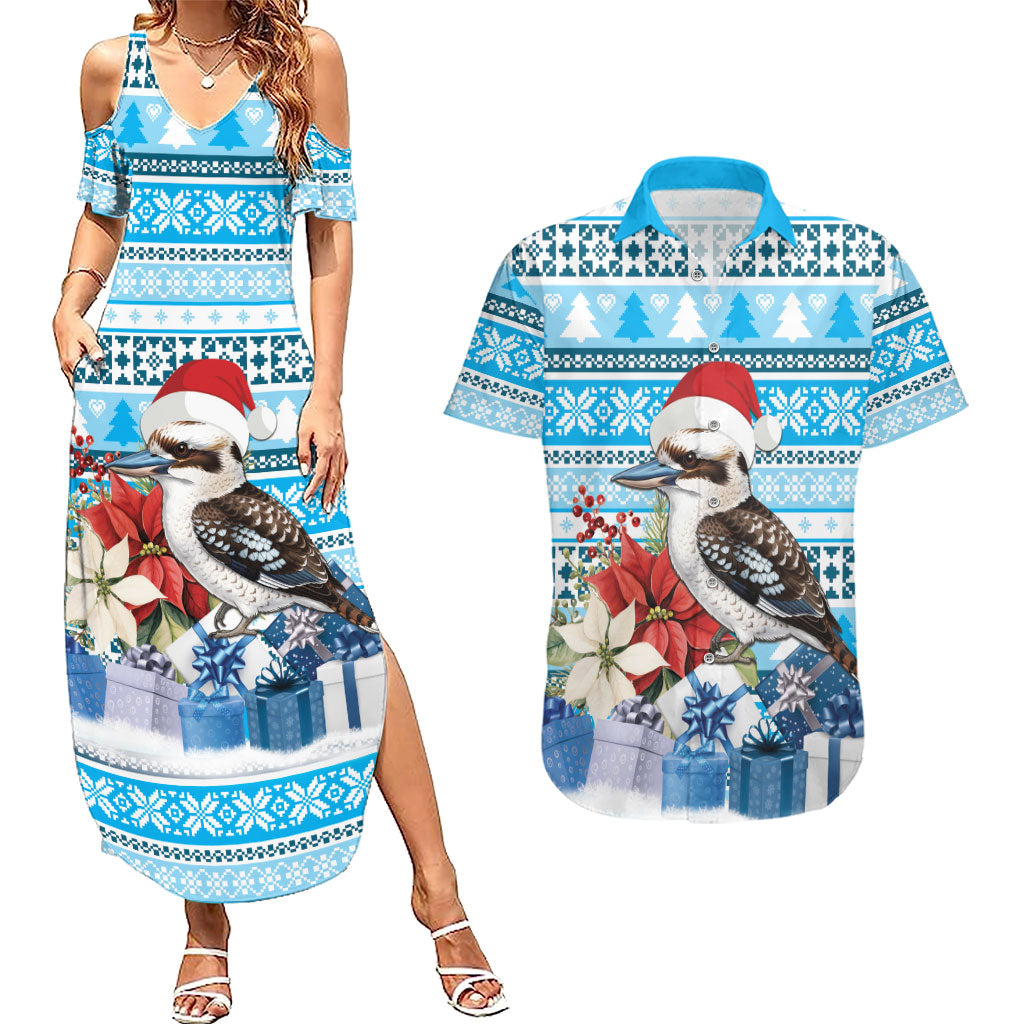 Australia Christmas In July Couples Matching Summer Maxi Dress and Hawaiian Shirt Kookaburra Santa Blue Color